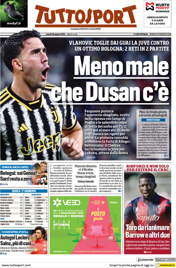 Rassegna stampa: prime pagine quotidiani sportivi - 28 agosto 2023 29 tuttosport 014512558.webp