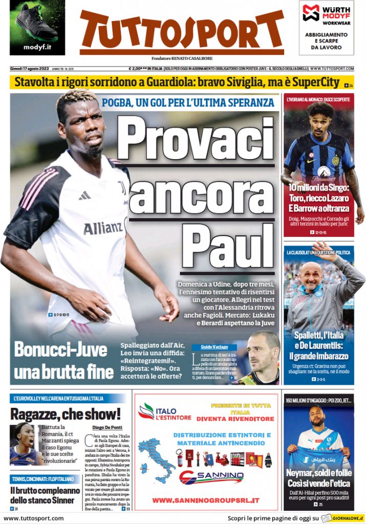 Rassegna stampa: prime pagine quotidiani sportivi - 17 agosto 2023 29 tuttosport 014512604.webp