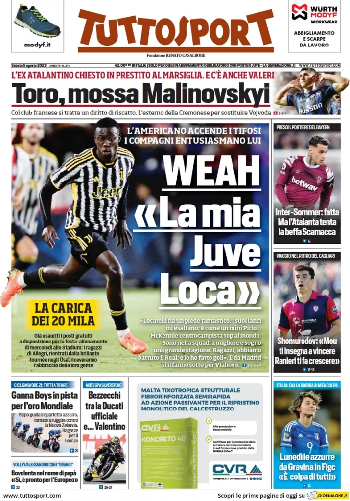 Rassegna stampa Milan: prime pagine quotidiani sportivi - 5 agosto 2023 29 tuttosport 014807054