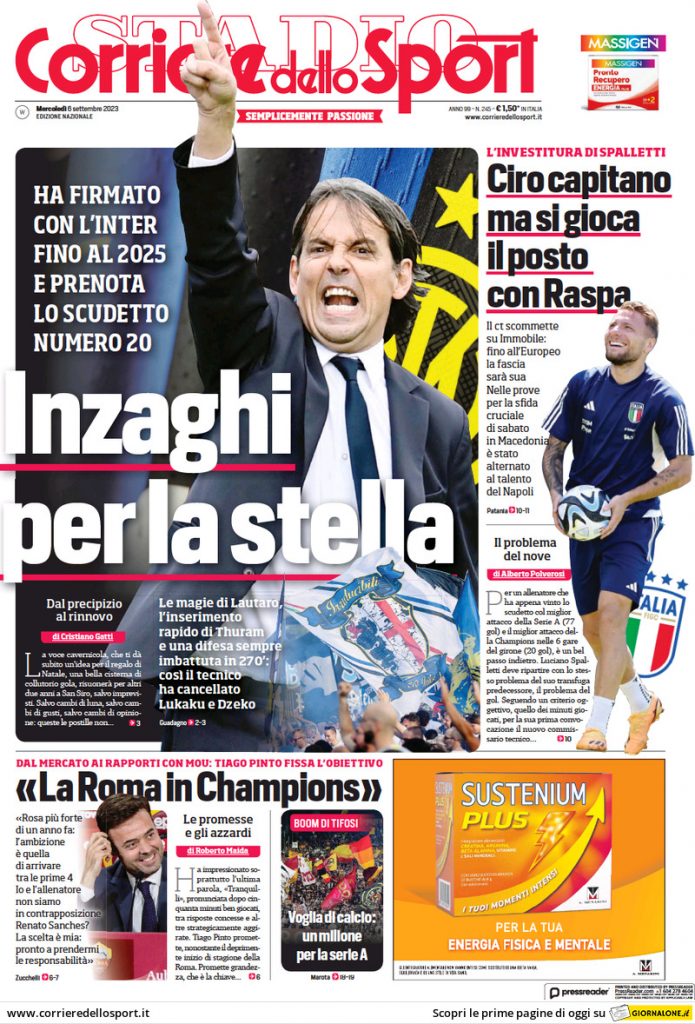 Rassegna stampa: prime pagine quotidiani sportivi - 6 settembre 2023 28 corriere dello sport 011202393.webp