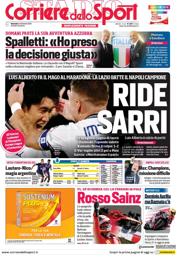 Rassegna stampa: prime pagine quotidiani sportivi - 3 settembre 2023 28 corriere dello sport 011202635
