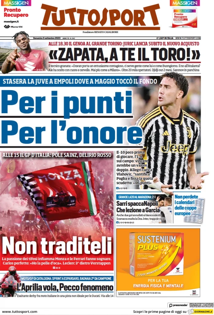 Rassegna stampa: prime pagine quotidiani sportivi - 3 settembre 2023 29 tuttosport 014309810