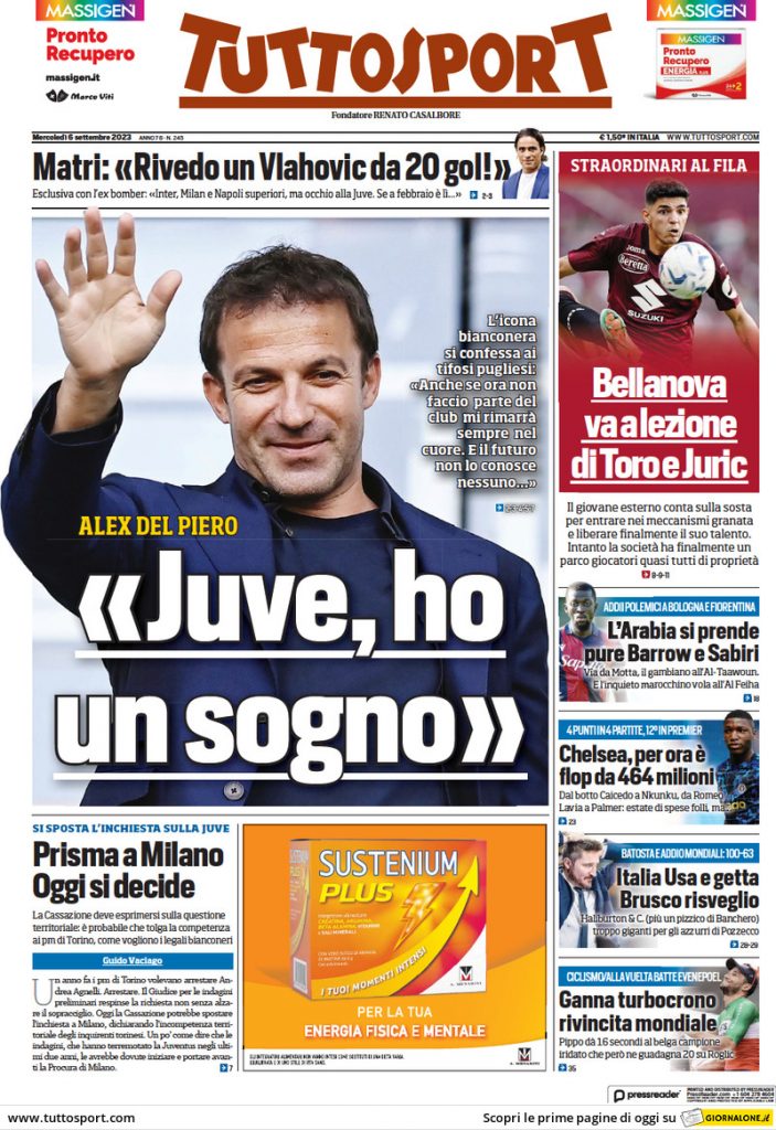 Rassegna stampa: prime pagine quotidiani sportivi - 6 settembre 2023 29 tuttosport 014512310.webp