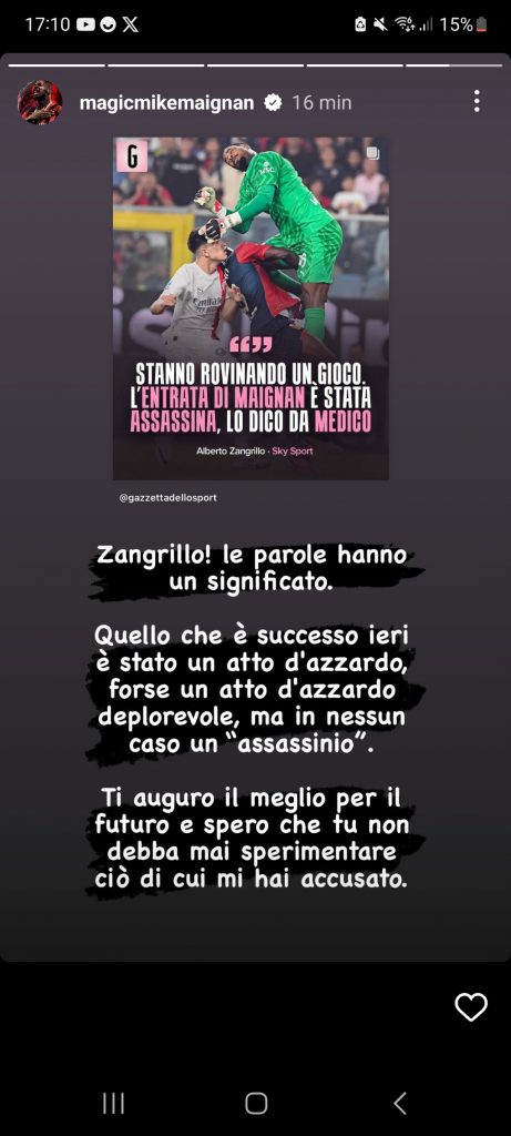 Maignan risponde a Zangrillo: «Entrata assassina? Spero tu non debba mai sperimentare ciò di cui mi hai accusato» 27 Screenshot 20231008 171056 Instagram