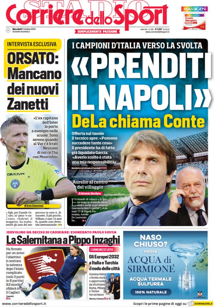 Rassegna stampa: prime pagine quotidiani sportivi - 11 ottobre 2023 28 corriere dello sport 011202771.webp