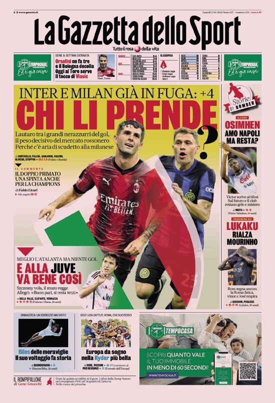 Rassegna stampa: prime pagine quotidiani sportivi - 2 ottobre 2023 27 la gazzetta dello sport 010020087.webp