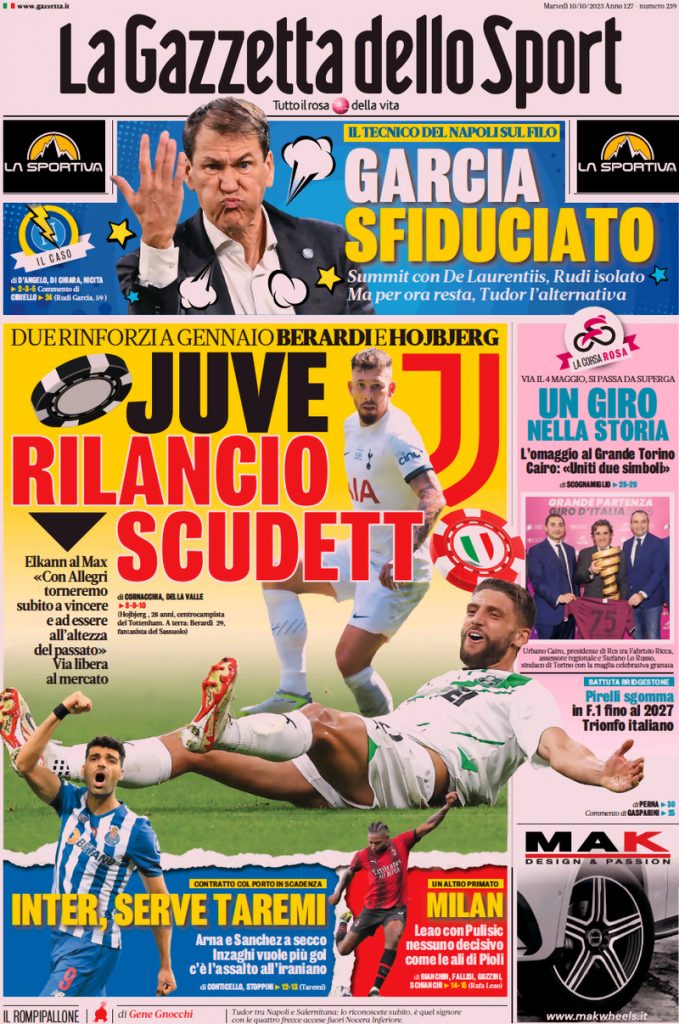 Rassegna stampa: prime pagine quotidiani sportivi - 10 ottobre 2023 27 la gazzetta dello sport 030305325.webp