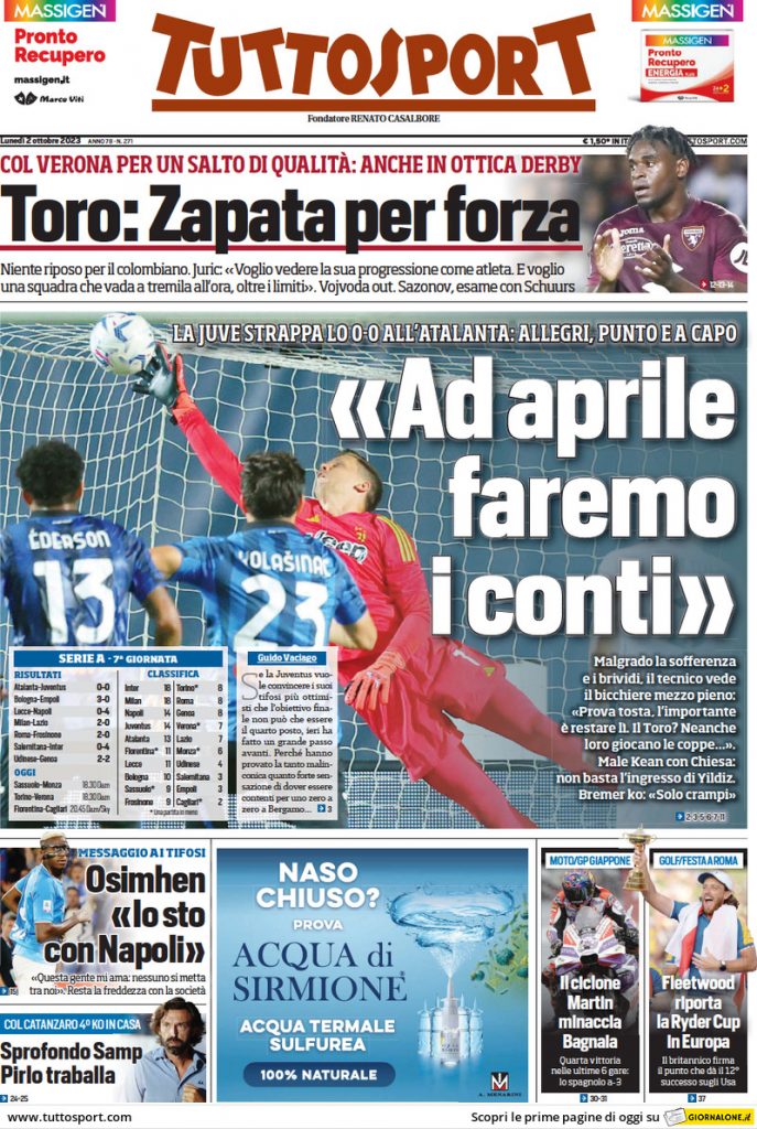 Rassegna stampa: prime pagine quotidiani sportivi - 2 ottobre 2023 29 tuttosport 014304748.webp