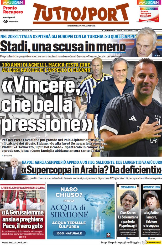 Rassegna stampa: prime pagine quotidiani sportivi - 11 ottobre 2023 29 tuttosport 014312009.webp