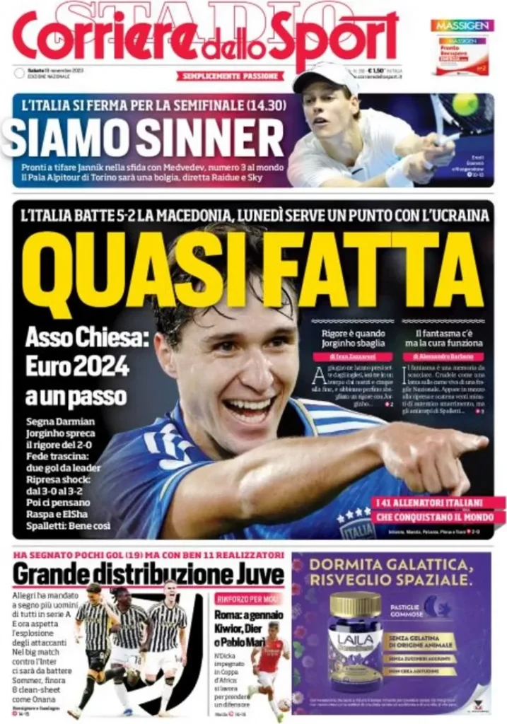 Rassegna stampa: prime pagine quotidiani sportivi - 18 novembre 2023 28 corriere dello sport 010015209