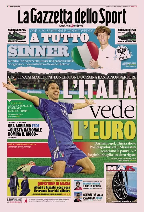 Rassegna stampa: prime pagine quotidiani sportivi - 18 novembre 2023 27 la gazzetta dello sport 010018527
