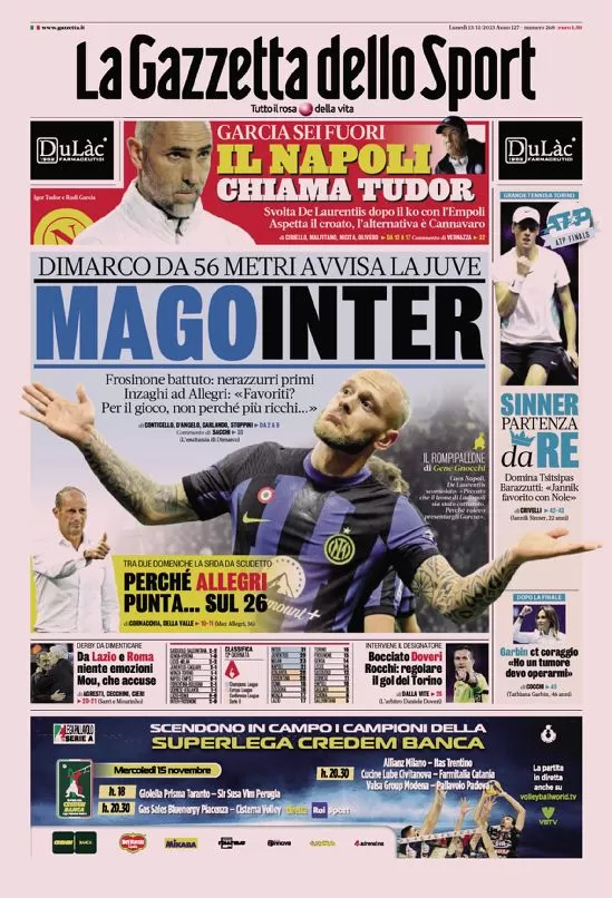 Rassegna stampa: prime pagine quotidiani sportivi - 13 novembre 2023 27 la gazzetta dello sport 010024487