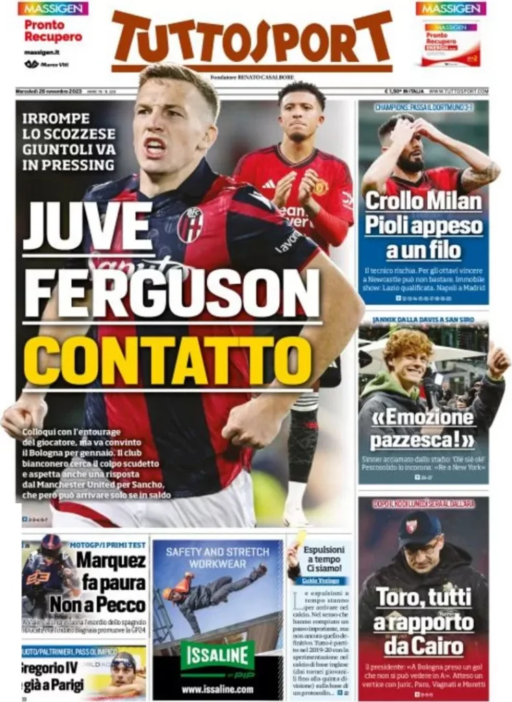 Rassegna stampa: prime pagine quotidiani sportivi - 29 novembre 2023 29 tuttosport 003141525