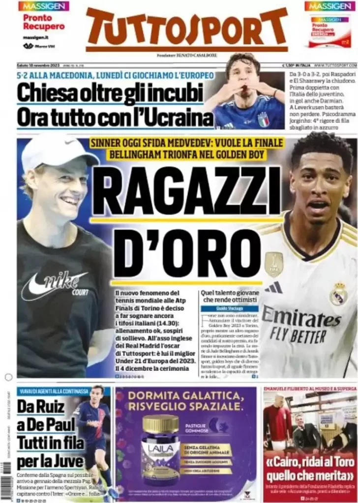 Rassegna stampa: prime pagine quotidiani sportivi - 18 novembre 2023 29 tuttosport 003959988