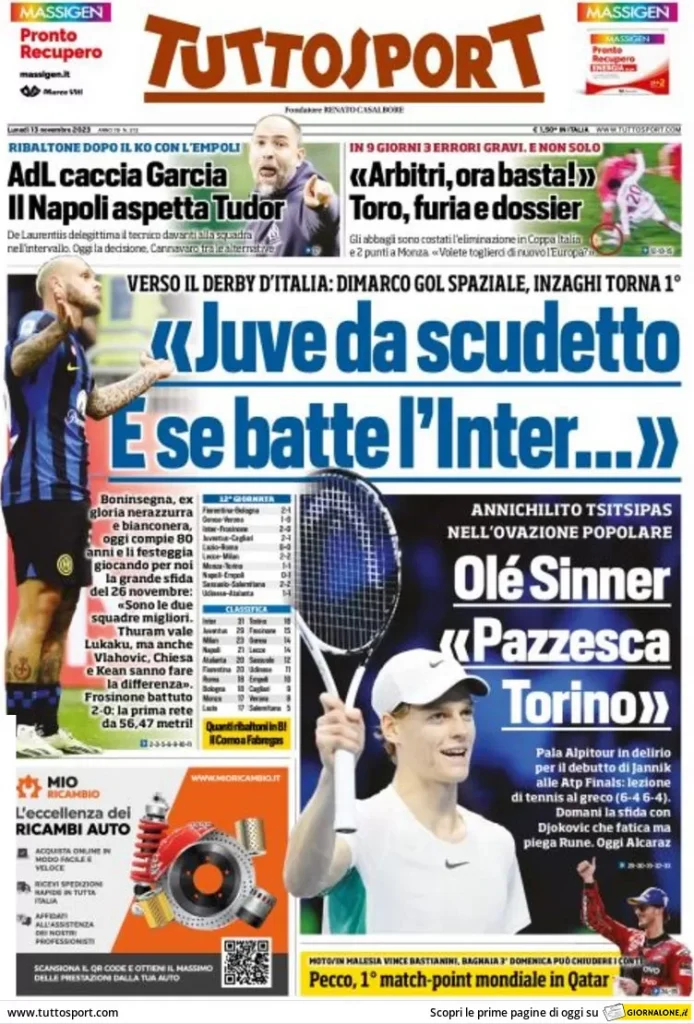 Rassegna stampa: prime pagine quotidiani sportivi - 13 novembre 2023 28 tuttosport 010016100