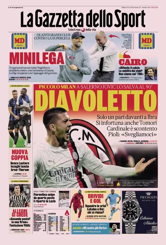 Rassegna stampa: prime pagine quotidiani sportivi - 23 dicembre 2023 28 la gazzetta dello sport 005210467