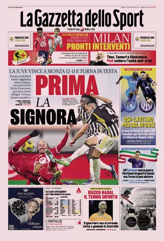Rassegna stampa: prime pagine quotidiani sportivi - 2 dicembre 2023 27 la gazzetta dello sport 010014770