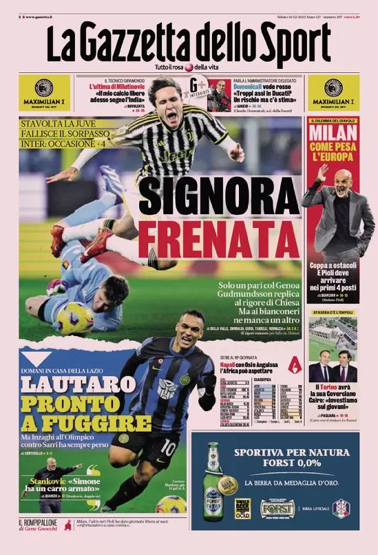 Rassegna stampa: prime pagine quotidiani sportivi - 16 dicembre 2023 27 la gazzetta dello sport 010020901