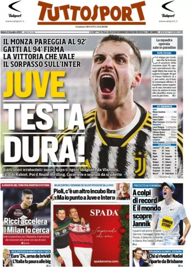 Rassegna stampa: prime pagine quotidiani sportivi - 2 dicembre 2023 28 tuttosport 004112518