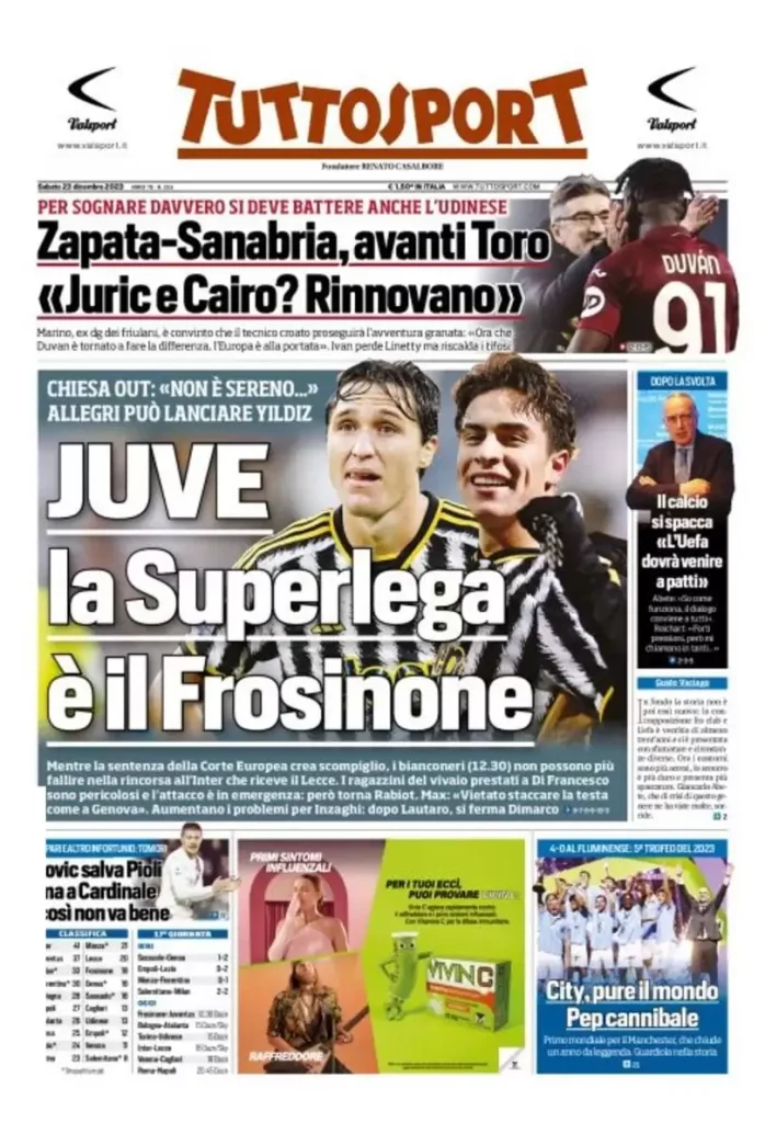 Rassegna stampa: prime pagine quotidiani sportivi - 23 dicembre 2023 29 tuttosport 005228226