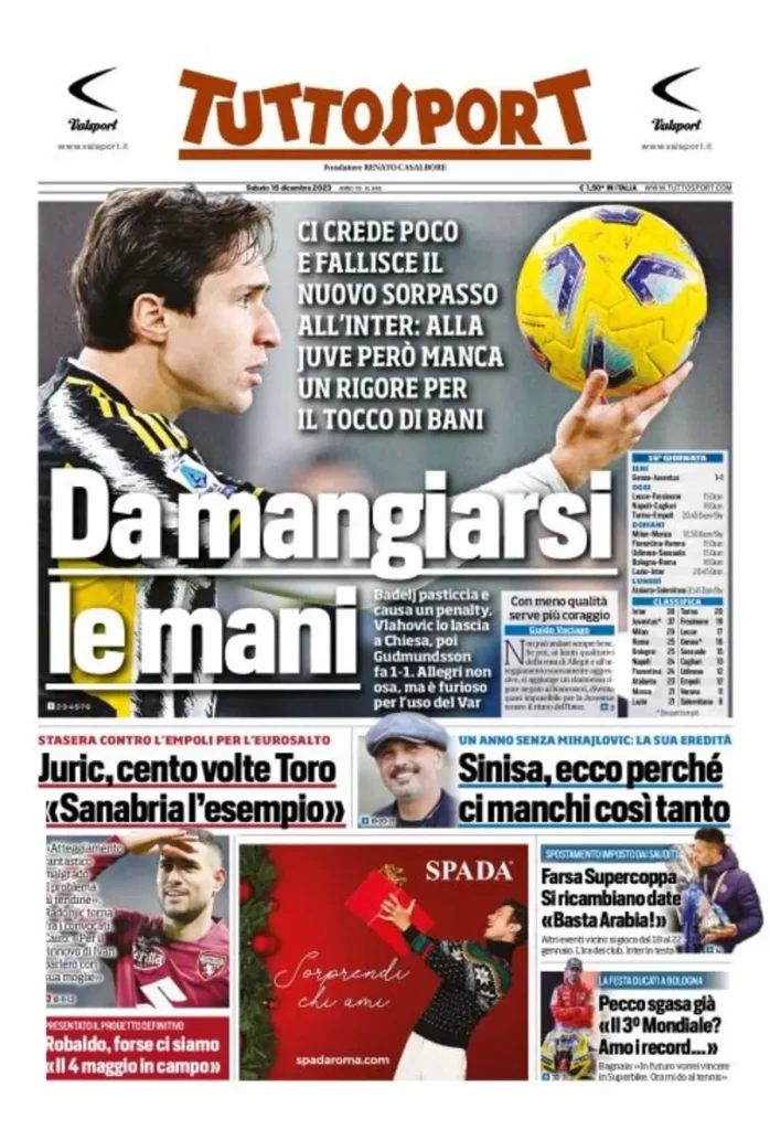 Rassegna stampa: prime pagine quotidiani sportivi - 16 dicembre 2023 29 tuttosport 010014383
