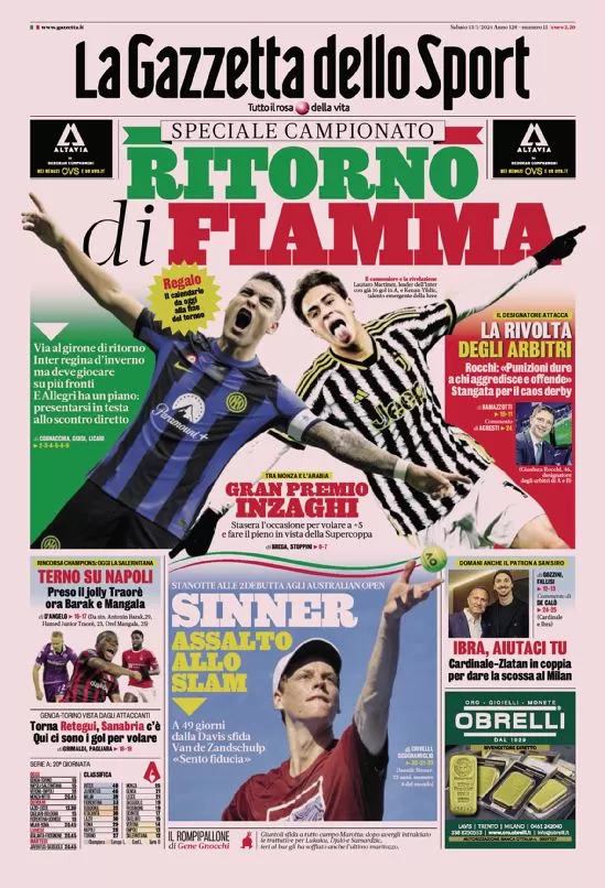Rassegna stampa: prime pagine quotidiani sportivi - 13 gennaio 2024 27 la gazzetta dello sport 010015876