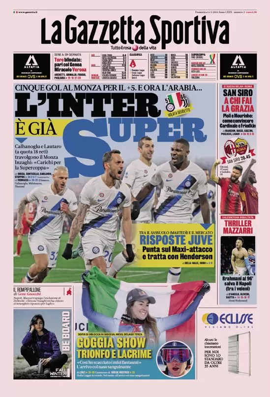 Rassegna stampa: prime pagine quotidiani sportivi - 14 gennaio 2024 27 la gazzetta dello sport 010019905