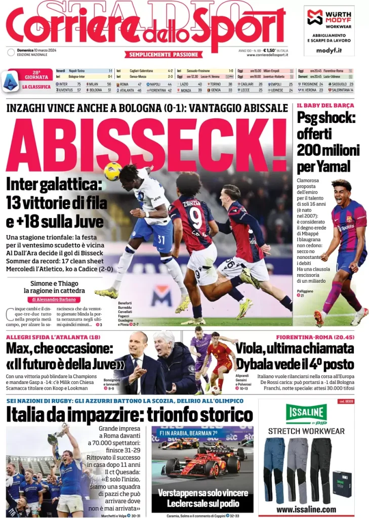 Rassegna stampa: prime pagine quotidiani sportivi - 10 marzo 2024 28 corriere dello sport 010023001