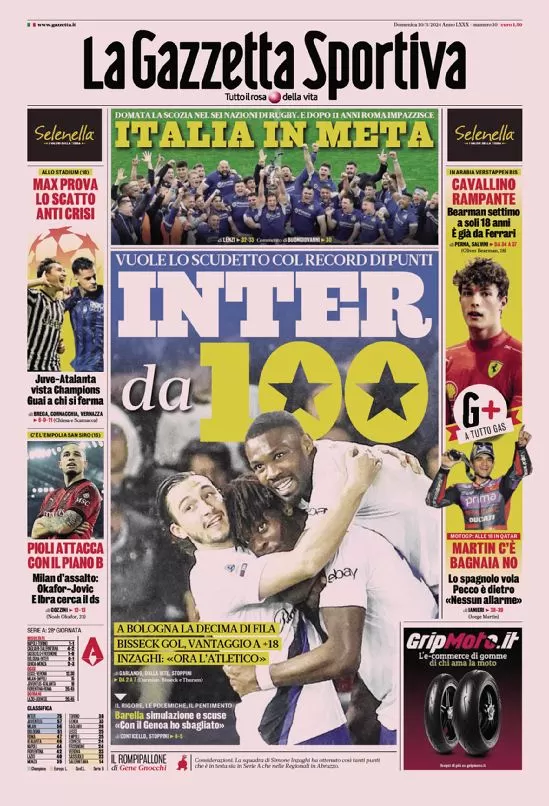 Rassegna stampa: prime pagine quotidiani sportivi - 10 marzo 2024 27 la gazzetta dello sport 010029756