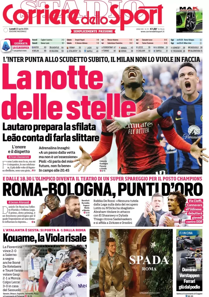 Rassegna stampa: prime pagine quotidiani sportivi - 22 aprile 2024 28 IMG 2577