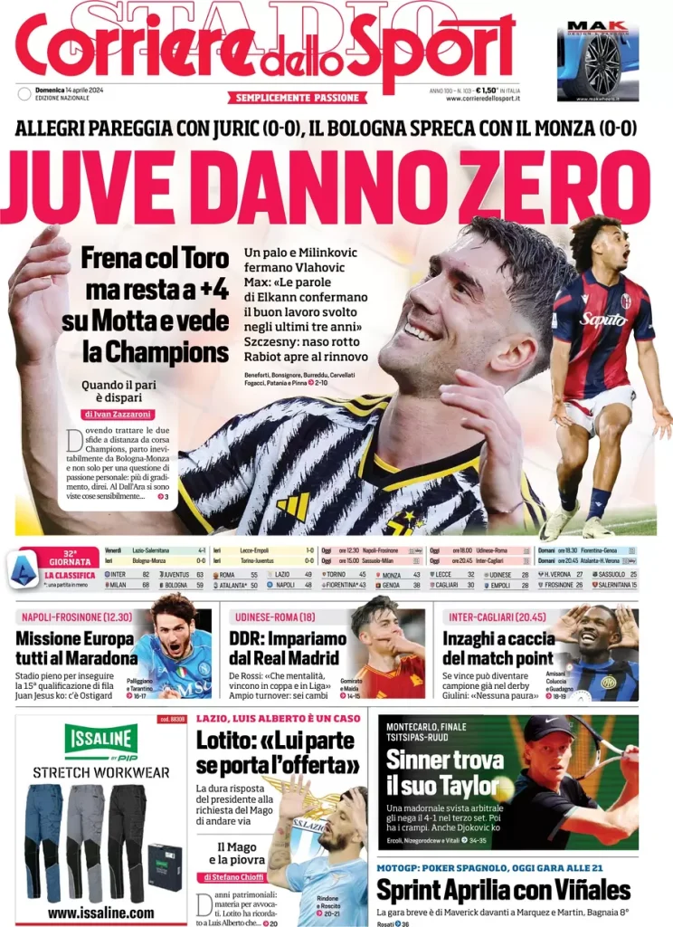 Rassegna stampa: prime pagine quotidiani sportivi - 14 aprile 2024 28 corriere dello sport 003949590