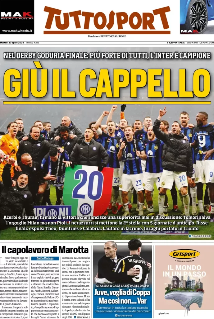 Rassegna stampa: prime pagine quotidiani sportivi - 23 aprile 2024 29 tuttosport 002408663