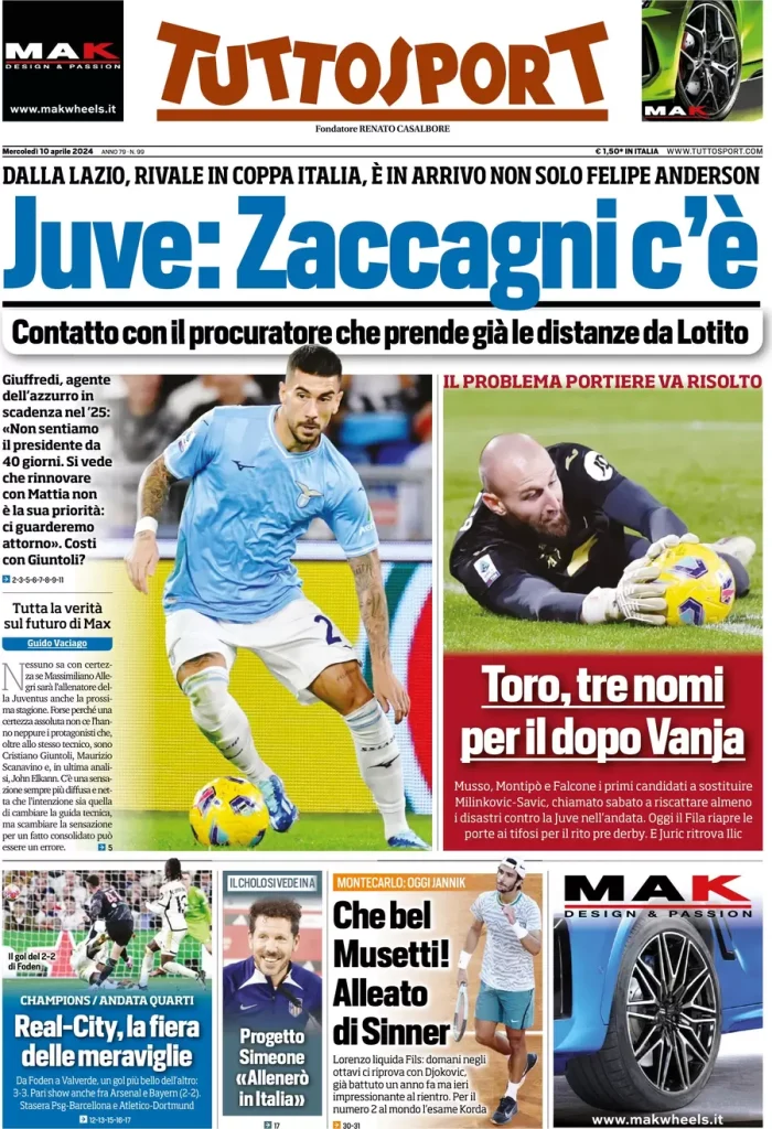 Rassegna stampa: prime pagine quotidiani sportivi - 10 aprile 2024 29 tuttosport 002425139
