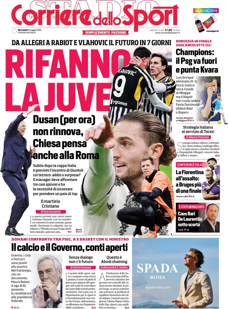 Rassegna stampa: prime pagine quotidiani sportivi - 8 maggio 2024 28 corriere dello sport 002035031