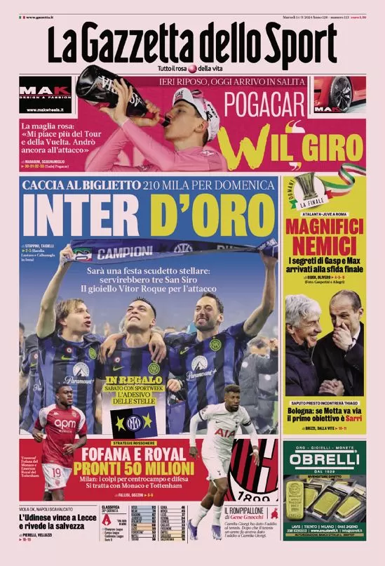 Rassegna stampa: prime pagine quotidiani sportivi - 14 maggio 2024 28 la gazzetta dello sport 005025264