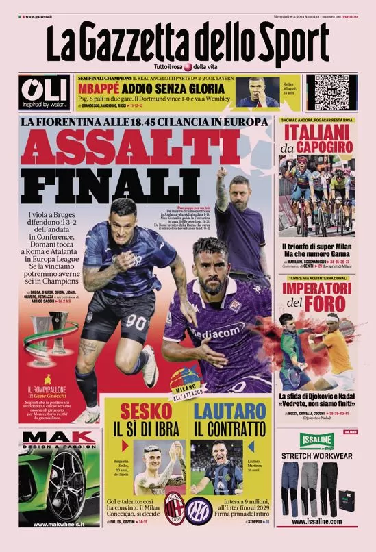 Rassegna stampa: prime pagine quotidiani sportivi - 8 maggio 2024 27 la gazzetta dello sport 005529336