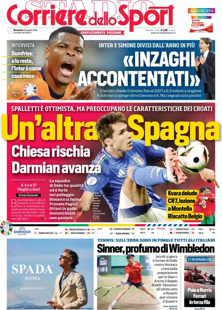 Rassegna stampa: prime pagine quotidiani sportivi - 23 giugno 2024 28 corriere dello sport 002928057