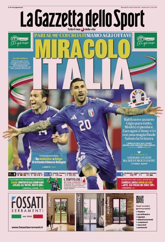 Rassegna stampa: prime pagine quotidiani sportivi - 25 giugno 2024 27 la gazzetta dello sport 005012660