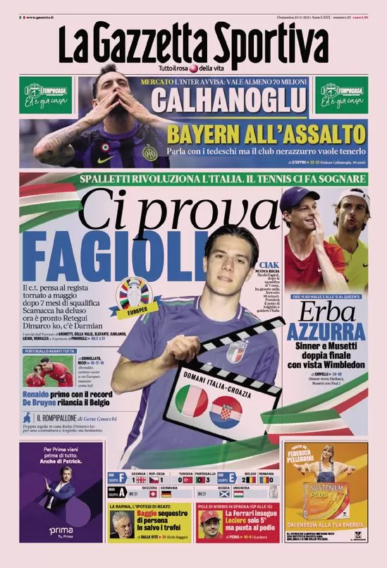 Rassegna stampa: prime pagine quotidiani sportivi - 23 giugno 2024 27 la gazzetta dello sport 005027679