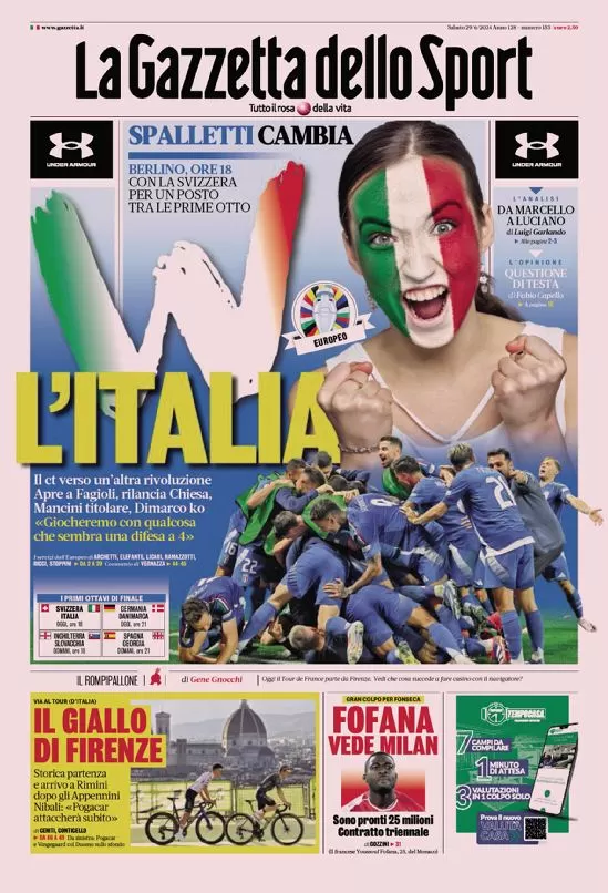 Rassegna stampa: prime pagine quotidiani sportivi - 29 giugno 2024 27 la gazzetta dello sport 005148448