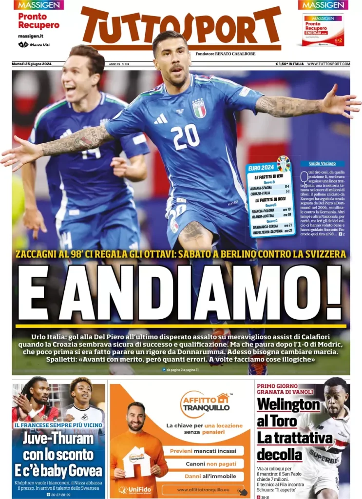 Rassegna stampa: prime pagine quotidiani sportivi - 25 giugno 2024 29 tuttosport 001702080