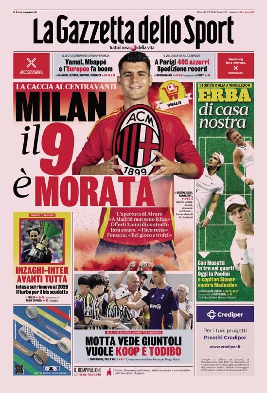 Rassegna stampa: prime pagine quotidiani sportivi - 9 luglio 2024 29 la gazzetta dello sport 005609952