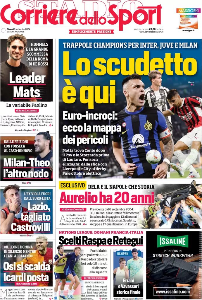 Rassegna stampa: prime pagine quotidiani sportivi - 5 settembre 2024 28 corriere dello sport 021213132