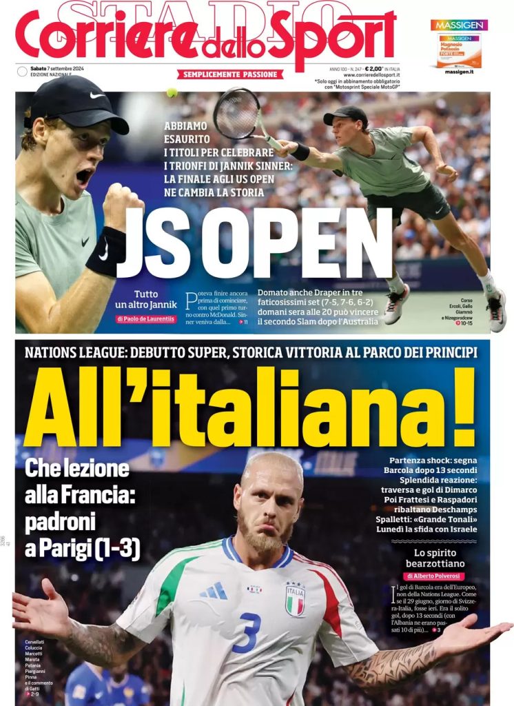 Rassegna stampa: prime pagine quotidiani sportivi - 7 settembre 2024 29 corriere dello sport 021213436
