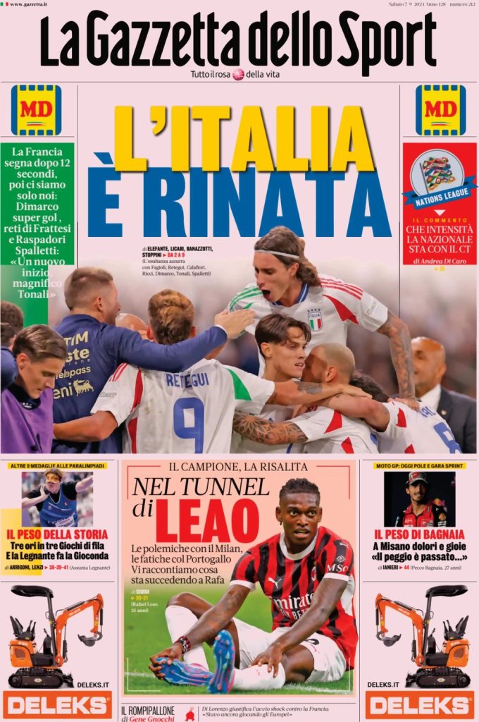 Rassegna stampa: prime pagine quotidiani sportivi - 7 settembre 2024 27 la gazzetta dello sport 050011799