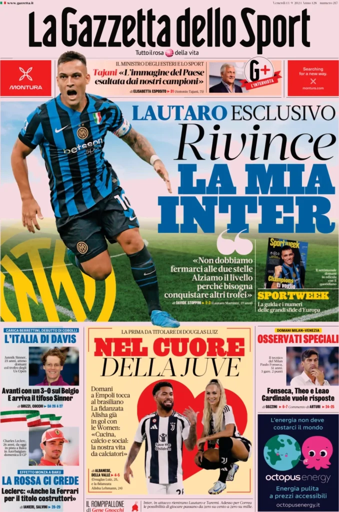 Rassegna stampa: prime pagine quotidiani sportivi - 13 settembre 2024 28 la gazzetta dello sport 050807922
