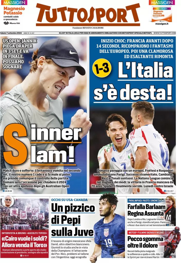 Rassegna stampa: prime pagine quotidiani sportivi - 7 settembre 2024 28 tuttosport 021206058