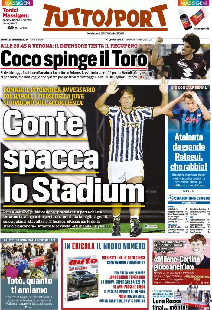 Rassegna stampa: prime pagine quotidiani sportivi - 20 settembre 2024 29 tuttosport 021207673
