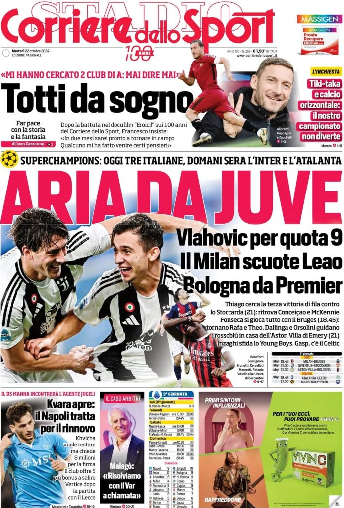 Rassegna stampa: prime pagine quotidiani sportivi - 22 ottobre 2024 29 corriere dello sport 021218758