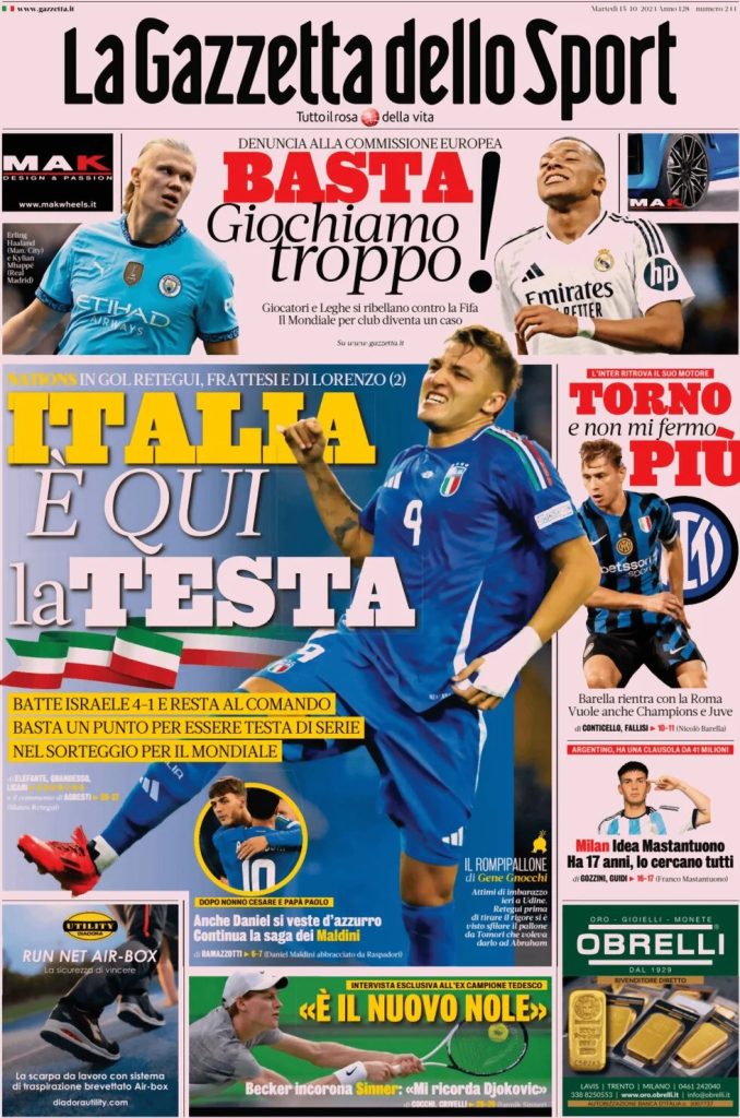 Rassegna stampa: prime pagine quotidiani sportivi - 15 ottobre 2024 27 la gazzetta dello sport 050806363